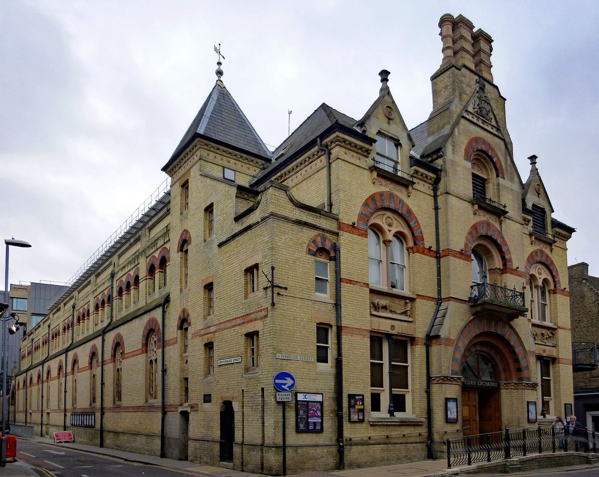 The Gothic Revival brick front of the Cambridge Corn Exchange on Wheeler Street