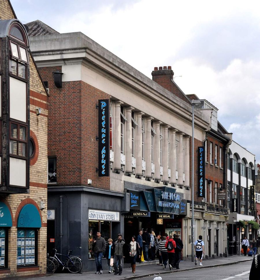 The former Regal cinema building on St Andrew's Street, Cambridge, with Picturehouse signs on the facade