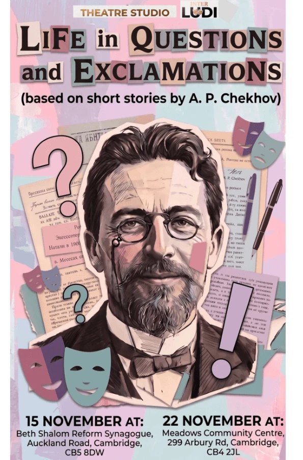 Poster with a collage portrait of Anton Chekhov for Life in Questions and Exclamations