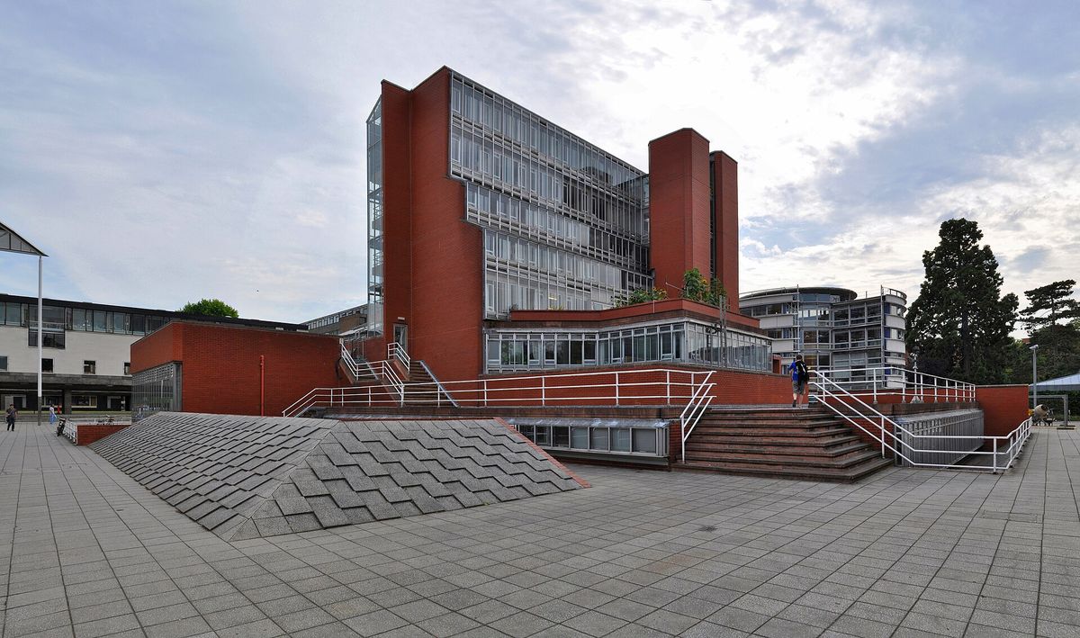 James Stirling's red-brick and glass History Faculty Building with a stepped plaza in front