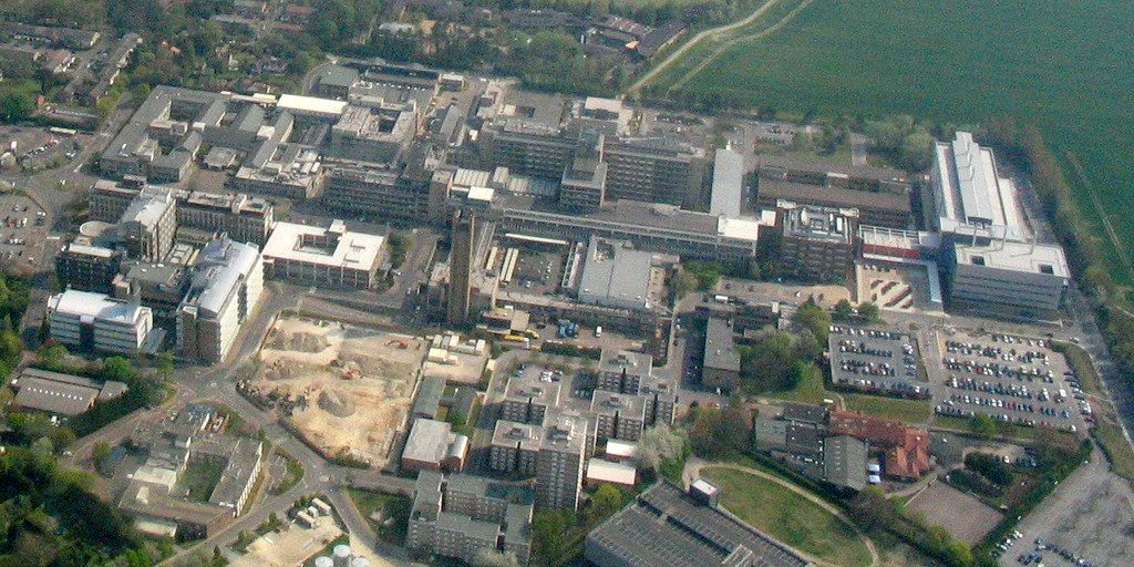 The Cambridge Biomedical Campus from the air, with Addenbrooke's Hospital at its centre. CAST stands on Robinson Way, inside this campus.