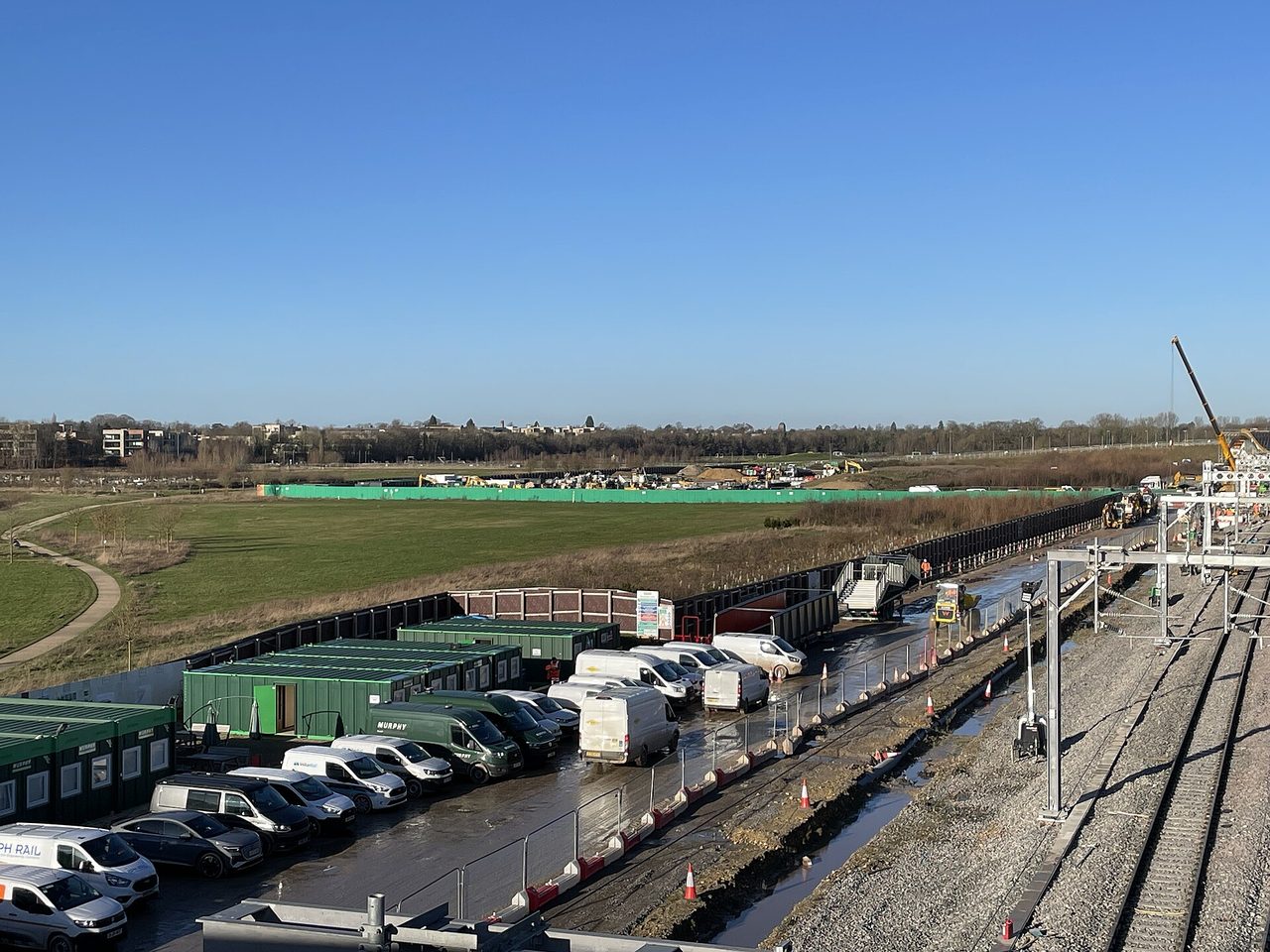 Cambridge South station under construction in January 2025. The station serves the Biomedical Campus at the southern edge of the cluster.